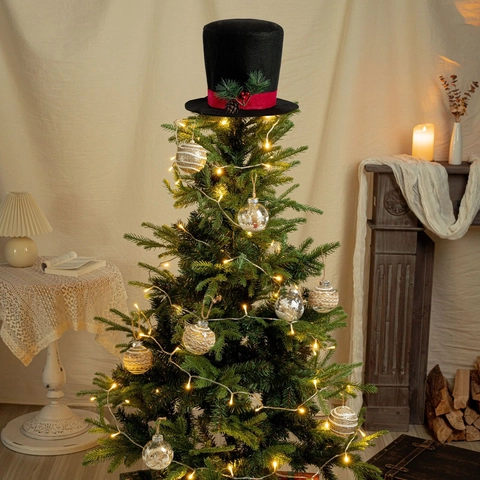 2025 Christmas Tree Topper Black Felt Top Hat Decoration With Red Ribbon Pine Cones Berries For Holiday Home Decor