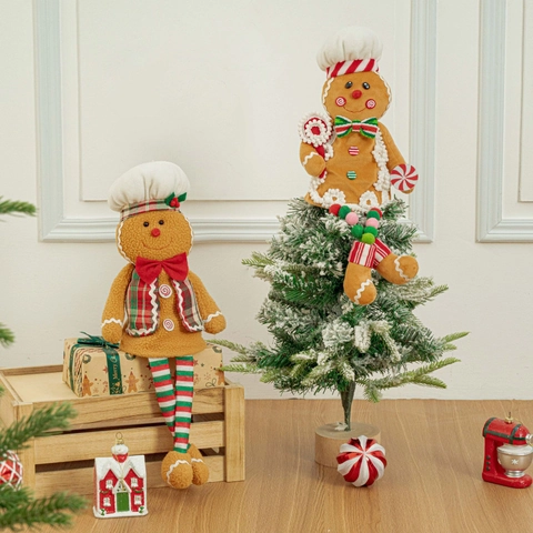 Christmas Gingerbread Man Plush Decoration With Chef Hat Long Leg Spring Doll Festive Home Window Display Ornament