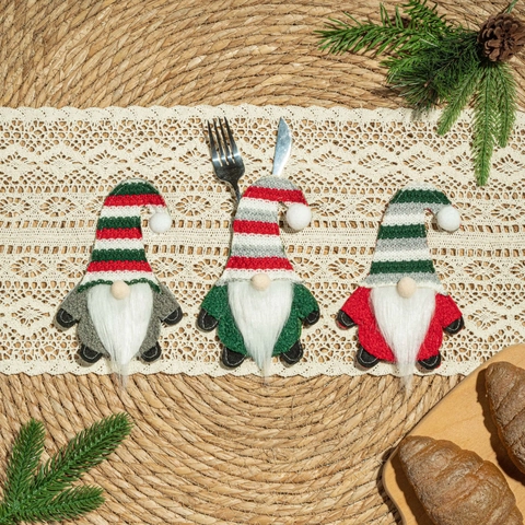Christmas Gnome Cutlery Holder Striped Knitted Faceless Doll Rudolf Decorative Hanging Ornament For Home Dining Table Party