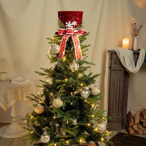 Rote Pailletten Weihnachtsbaum Spitze Deko Hut Mit Zuckerstange Gestreifter Schleife Schneeflocke Tannennadel Festlicher Baumschmuck