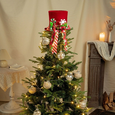 Weihnachtsbaumspitze Roter Samt Zylinder Mit Schleife Und Ornamenten Pfefferminz Schneeflocke Weihnachtsbaum Dekoration
