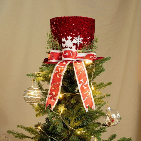 Rote Pailletten Weihnachtsbaum Spitze Deko Hut Mit Zuckerstange Gestreifter Schleife Schneeflocke Tannennadel Festlicher Baumschmuck