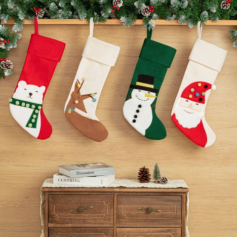 Cartoon Kerstsok Cadeauzakje Kerstman Sneeuwman Rendier Beer Patroon Stof Applique Voor Feestdagen Huis Decoratie Sok