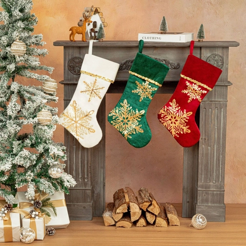 Luxus Weihnachtssocke Geschenktüte Stoff Gold Pailletten Schneeflocke Hängende Socke Ornament Für Party Haus Kamin Deko