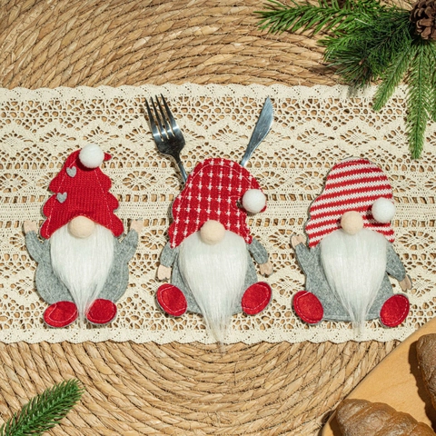 Set di Portaposate Gnomo di Natale Fatto a Mano in Tessuto Gnomo Senza Volto Decorazione da Tavola per Festa di Natale Cena Ornamento Natalizio