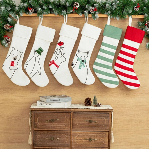 Chaussette de Noël Dessin Animé Polyester Broderie Animal Chaussettes Suspendues Pour Décoration de Maison de Vacances Sac Cadeau Rayé
