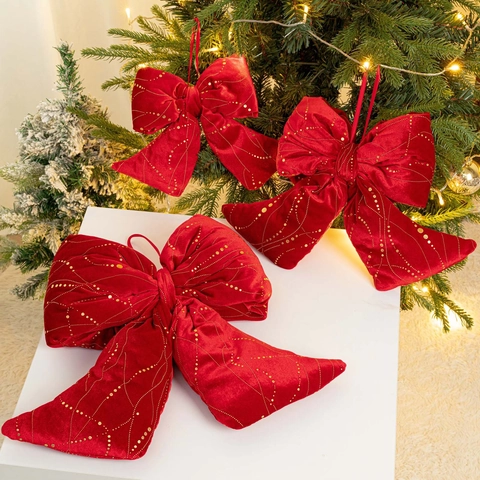 Fiocco di Natale in Velluto Rosso Con Motivo a Caldo Dorato Per Ornamenti Per Alberi di Natale Matrimonio Festa Decorazione Casa