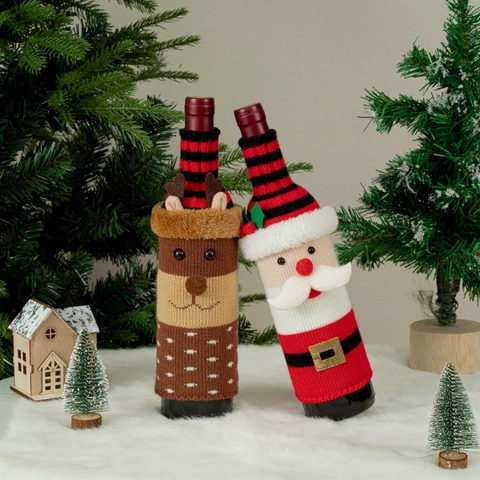Christmas Knitted Wine Bottle Cover Santa Snowman Reindeer Pattern Bottle Sweater For Holiday Xmas Party Dinner Table Decor