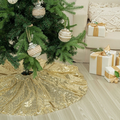 Jupe de Sapin de Noël de Luxe à Paillettes Dorées Tapis de Sapin Rond en Polyester pour Décoration de Fête