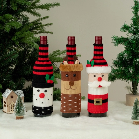 Christmas Knitted Wine Bottle Cover Santa Snowman Reindeer Pattern Bottle Sweater For Holiday Xmas Party Dinner Table Decor
