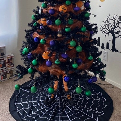 Jupe De Sapin Halloween Motif Toile Araignée Tissu Polyester Décoration De Fête Gothique Accessoire Tapis De Sol