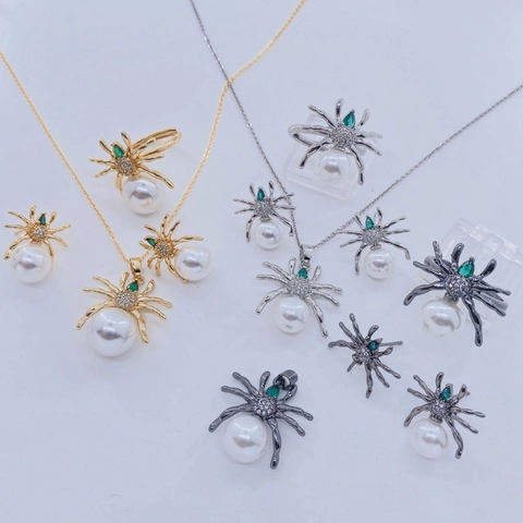 Joyería de Araña de Cobre Chapado en Oro con Zirconia y Gema Verde Pendientes Colgante Anillo Estilo Gótico Halloween DIY
