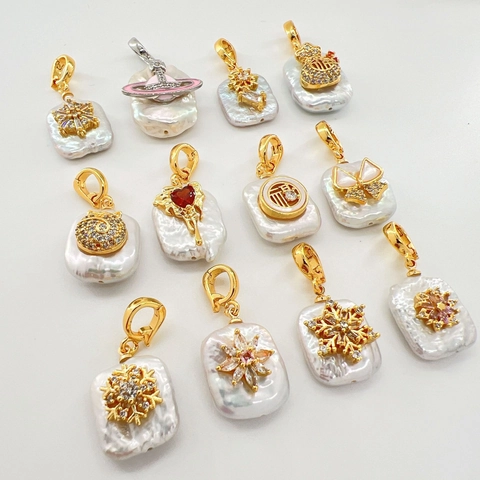 Barock Naturperle Anhänger Kupfer Vergoldet Saturn Schneeflocke Herz Glückstasche Katze Charm Für DIY Halskette Schmuckherstellung