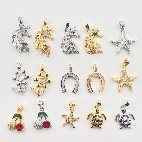 Copper Plated Gold Rhinestone Unicorn Starfish Horseshoe Turtle Pendant Only Without Chain DIY Jewelry Making Accessories For Women