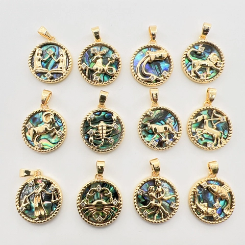 Natürliche Abalone-Schale Zwölf Sternzeichen Anhänger Kupfer Vergoldet DIY Halskette Armband Herstellung Charms Tierkreiszeichen Strass Schmuckteile
