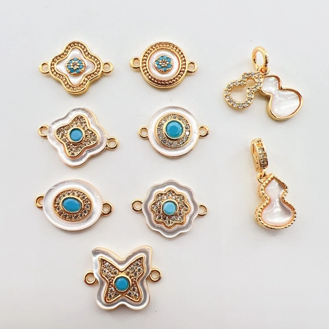 Gold Plated Copper Turquoise Shell Butterfly Flower Gourd Round Charms Double Hanging DIY Handmade Jewelry Findings Rhinestone Accessories