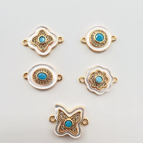Gold Plated Copper Turquoise Shell Butterfly Flower Gourd Round Charms Double Hanging DIY Handmade Jewelry Findings Rhinestone Accessories