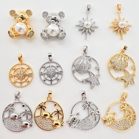 Bohemian Gold Plated Copper Pendants With Rhinestone Artificial Pearl Animal Ocean Star Sea Star Turtle Bear Butterfly DIY Jewelry Making Charms