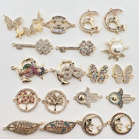 14K Vergoldet DIY Schmuckverbinder Strass Schmetterling Mond Böses Auge Hamsa Hand Lebensbaum Blatt Anhänger Damen