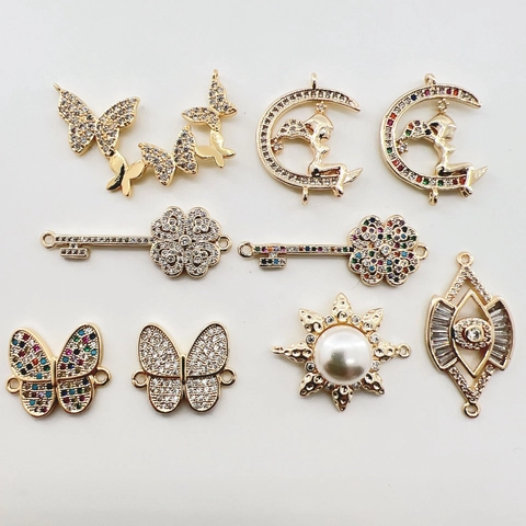 14K Vergoldet DIY Schmuckverbinder Strass Schmetterling Mond Böses Auge Hamsa Hand Lebensbaum Blatt Anhänger Damen