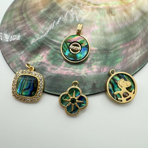 Eleganter Kupfer DIY Anhänger Zubehör Mit Natürlicher Perlmutt Abalone Muschel Strass Geometrischer Charm Für Schmuckherstellung