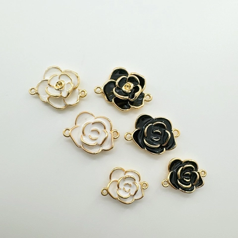 Copper Enamel Camellia Flower Pendant DIY Jewelry Connector For Necklace Bracelet Double Hanging Loops Gold Plated Rose Charms Jewelry Making Accessory