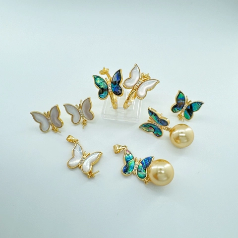 DIY Butterfly Jewelry Accessories Copper Gold Plated Shell Abalone Mother Of Artificial Pearl Zircon Pendant Ring Earring Post For Women