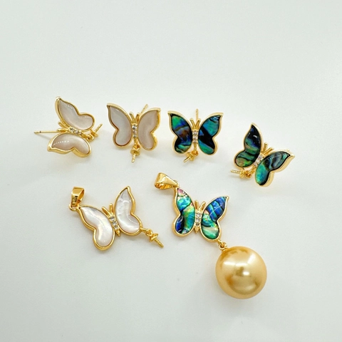 DIY Butterfly Jewelry Accessories Copper Gold Plated Shell Abalone Mother Of Artificial Pearl Zircon Pendant Ring Earring Post For Women
