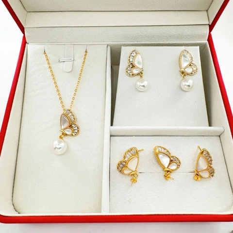 Accessoires Bijoux DIY Papillon en Cuivre Plaqué Or 18K Avec Tige en Argent Sterling 925 Pendentif et Boucles d'Oreilles en Nacre et Zircone