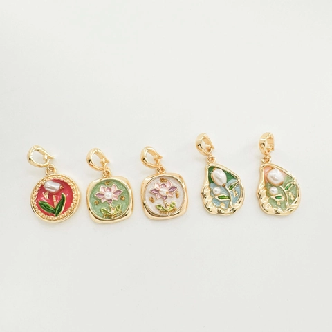 Vintage Emaille Blume Naturperle Anhänger 18K Vergoldetes Kupfer Tulpe Rose Floral DIY Schmuckherstellung Befunde Verschluss Charm