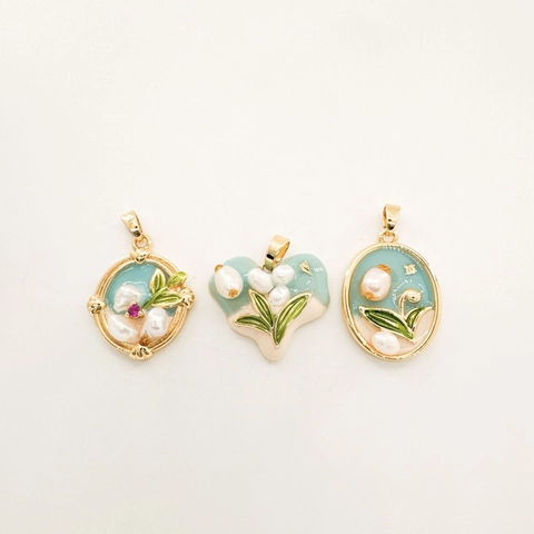 Vintage 18K Gold Plated Copper Enamel Pendant Handmade Flower Heart Tulip Design DIY Jewelry Findings Accessories Faux Artificial Pearl Gemstone Charm