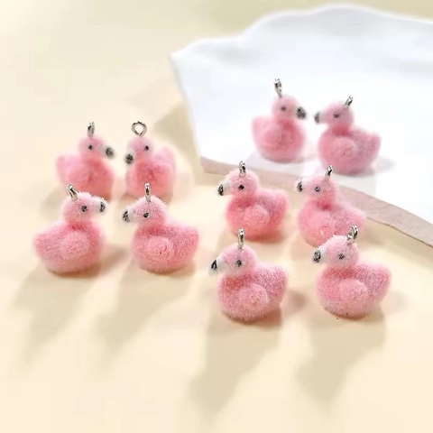 Flamingo Flocked Resin Pendant Charm For DIY Jewelry Making Pink Cartoon Bird Earring Necklace Keychain Accessory
