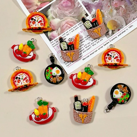 Mini 3D Resin Food Charms DIY Pizza Bread Basket Fried Egg Vegetable Pot Pendants For Earrings Necklace Keychain Handcraft Jewelry Making Accessories
