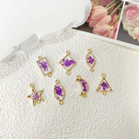 Geometric Alloy Resin Pendants Purple Dried Flower DIY Jewelry Making Accessories For Necklace Earrings Keychains Women