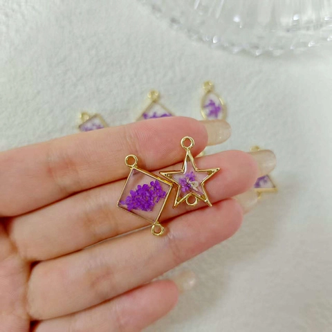 Geometric Alloy Resin Pendants Purple Dried Flower DIY Jewelry Making Accessories For Necklace Earrings Keychains Women