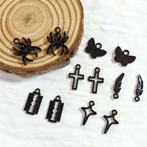 Zinc Alloy Black Punk Gothic Halloween Pendants Spider Blade Butterfly Cross Feather Star Shapes For DIY Jewelry Making