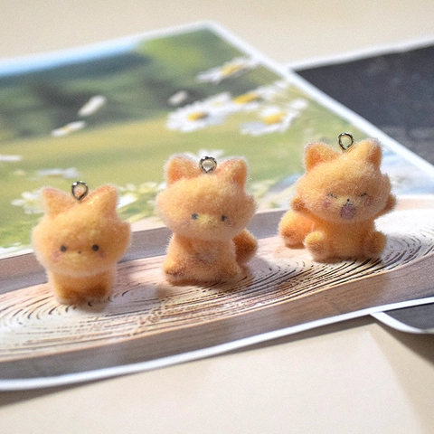 Flocked Resin Fox Animal Charms Cute Cartoon Ginger Fox Pendants DIY Jewelry Earring Necklace Keychain Making Accessories