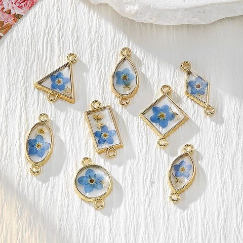 Geometric Alloy Resin Dried Flower Forget-Me-Not Pendants For DIY Earring Necklace Jewelry Making Accessories Handmade Craft Connector