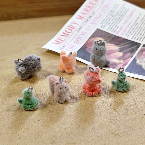 Cute Flocked Animal Charms Squirrel Fox Snake Cat Shape Resin Pendants For DIY Jewelry Making Keychain Earring Accessories