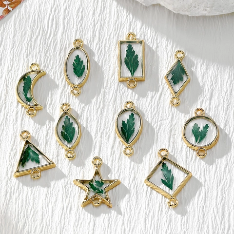 Handmade Alloy Resin Geometric Dried Flower Pendant Connector For DIY Jewelry Making Bracelet Necklace Keychain Accessories