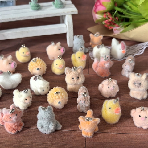Cute Flocking Resin Animal Charms Cat Pig Duck Squirrel Pendants For DIY Earring Keychain Jewelry Making Handcraft Accessories