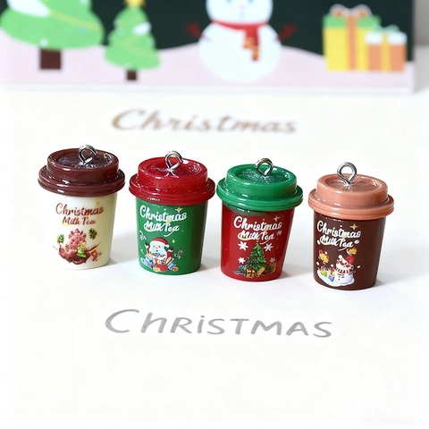 Weihnachten Harz Miniatur Milchteetasse Charms Retro Bedruckt Simulierte Tasse Anhänger Für DIY Ohrringe Halskette Schlüsselanhänger Schmuckherstellung