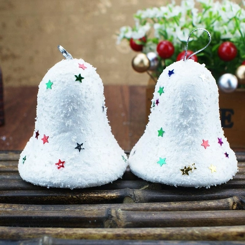 White Foam Christmas Tree Bell Hanging Ornaments With Colorful Star Sequins Frosted Snow Texture For Xmas Holiday Party Decor