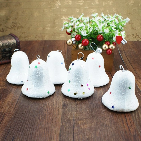 White Foam Christmas Tree Bell Hanging Ornaments With Colorful Star Sequins Frosted Snow Texture For Xmas Holiday Party Decor