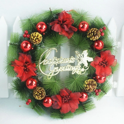 40cm Rot Gold Weihnachtskranz Künstliche Tannennadel Girlande Mit Roten Kugeln Goldene Tannenzapfen Für Haustür Feiertagsdeko