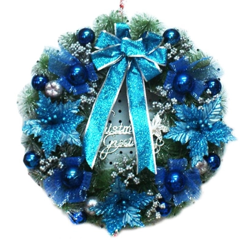 Corona de Navidad Artificial Azul Con Lazo Bolas Agujas de Pino Flores Letrero Christmas Para Puerta De Entrada Pared Hogar