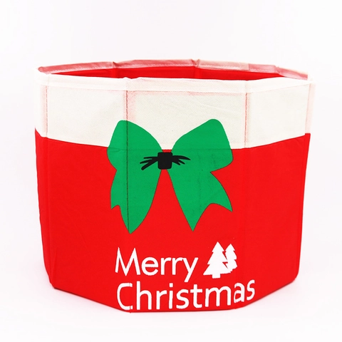 Cubierta de Base de Árbol de Navidad Rojo Blanco Tela No Tejida Falda de Árbol Octagonal Lazo Verde Merry Christmas Caja Decorativa