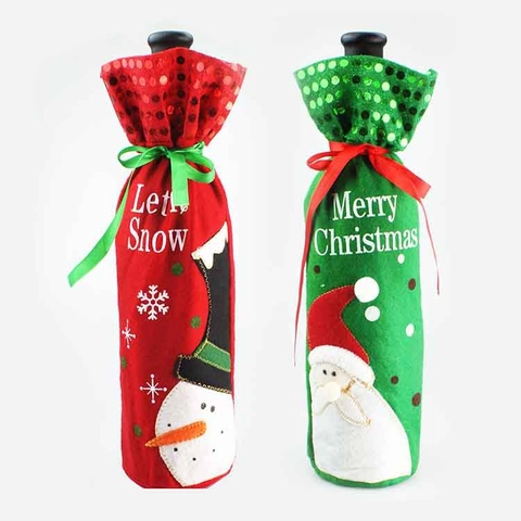Couverture de Bouteille de Vin de Noël Sac Cadeau à Cordon Paillettes Père Noël Bonhomme de Neige Décoration de Table