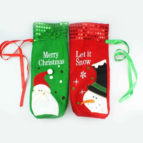 Couverture de Bouteille de Vin de Noël Sac Cadeau à Cordon Paillettes Père Noël Bonhomme de Neige Décoration de Table