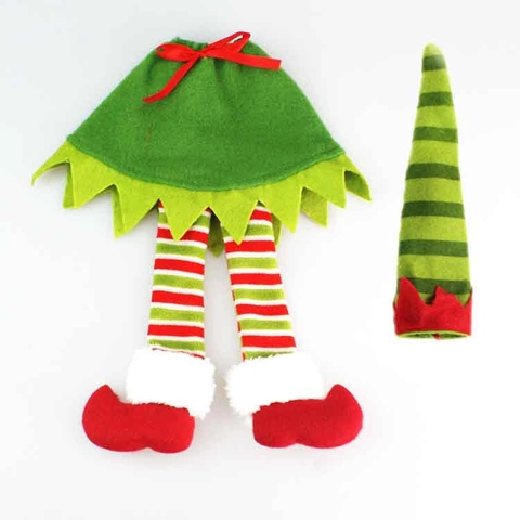 Christmas Elf Wine Bottle Cover Non-woven Fabric Skirt Hat Set For Festive Party Table Decoration Red Green Stripes Polka Dots Ornament